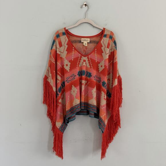 Denim & Supply Ralph Lauren Southwestern Fringe Orange Aztec Poncho Sweater - Picture 2 of 4